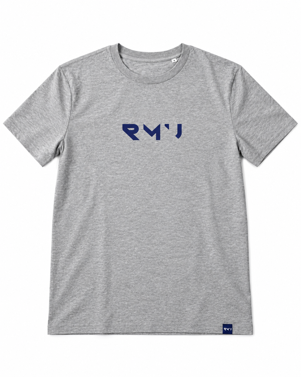 Camiseta Core gris jaspeado con logotipo RMU azul navy y etiqueta azul en el bajo, vista frontal sobre fondo blanco
