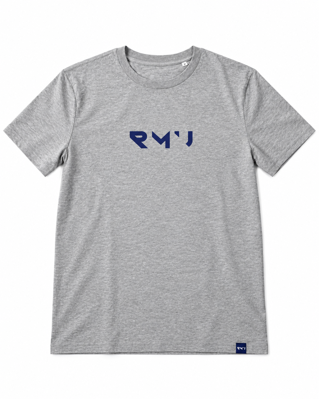 Camiseta Core gris jaspeado con logotipo RMU azul navy y etiqueta azul en el bajo, vista frontal sobre fondo blanco