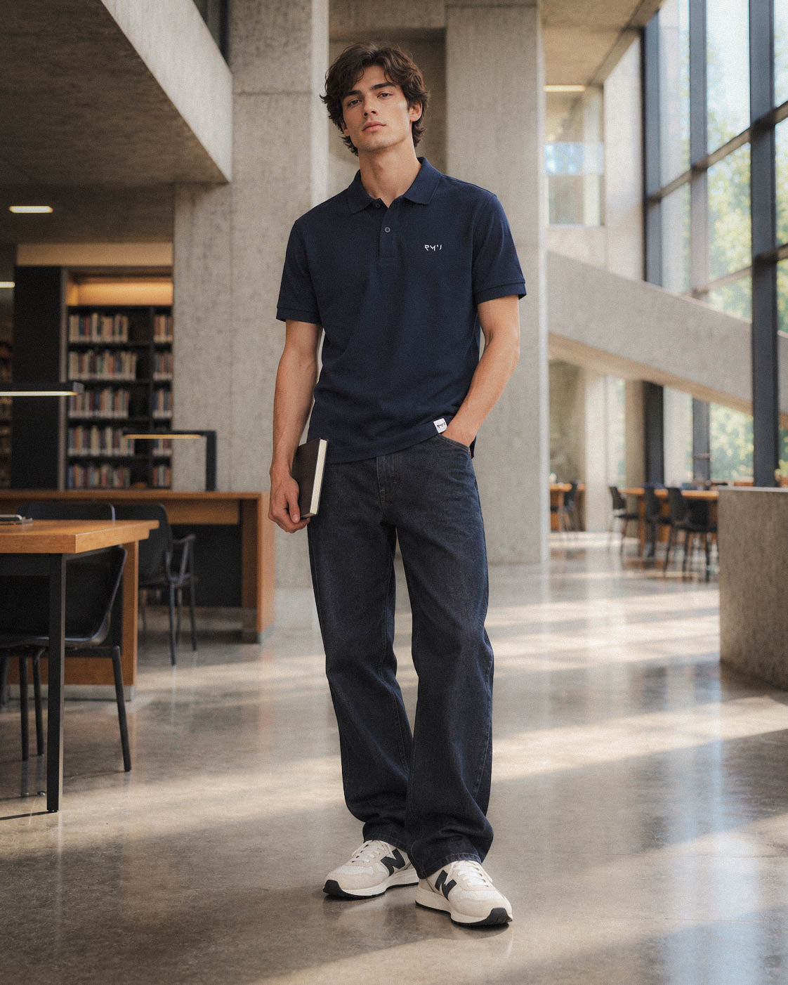 Chico con polo Core azul marino en una biblioteca
