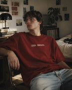 Chico con camiseta Cero Drama burdeos sentado en un estudio junto a libros